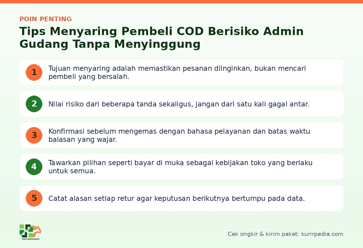 Poin penting: Tips Menyaring Pembeli COD Berisiko Admin Gudang Tanpa Menyinggung